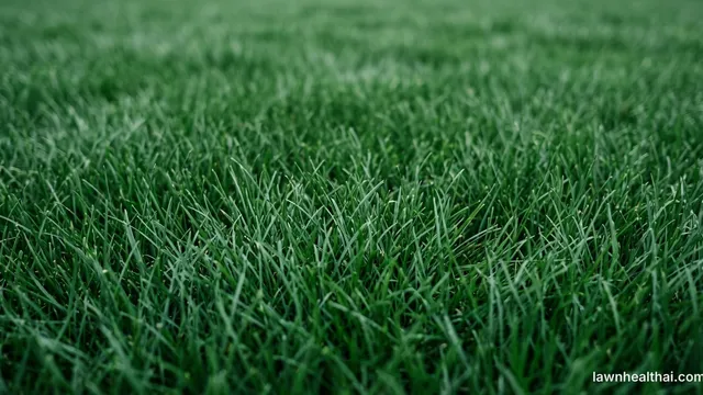 A dense dark green Kentucky bluegrass lawn photographed at blade level, with fine narrow blades forming a seamless carpet with no visible gaps between plants