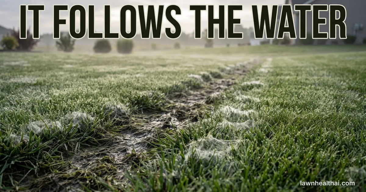 A drainage path running through a dewy lawn where the grass is flattened and matted with grey-white fungal webbing, healthy green turf standing on either side of it, with the words “It Follows the Water” set across the top — Delaware