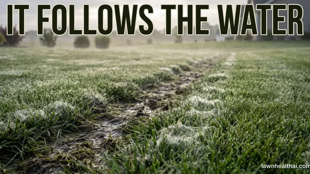 A drainage path running through a dewy lawn where the grass is flattened and matted with grey-white fungal webbing, healthy green turf standing on either side of it, with the words “It Follows the Water” set across the top