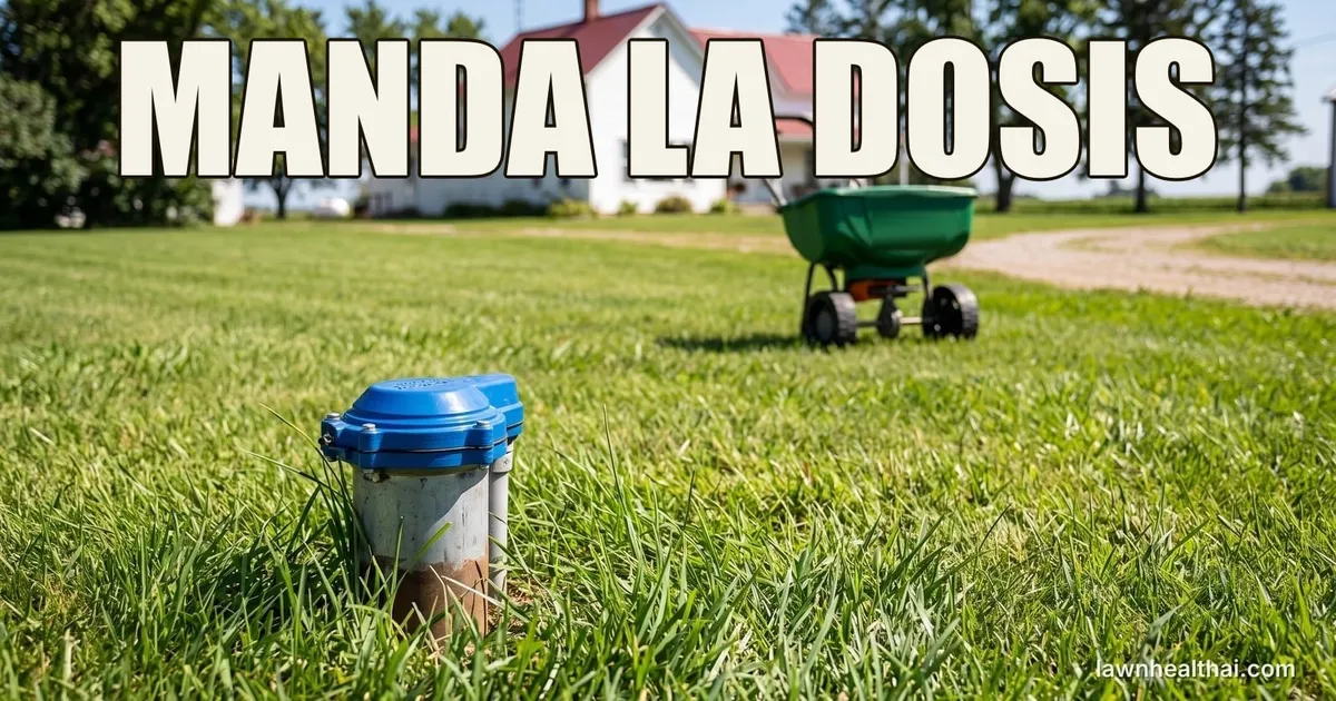 La boca tapada de un pozo privado en un césped segado a poca distancia de una casa, con una bolsa de fertilizante granular y un esparcidor centrífugo sobre la hierba al lado, con las palabras “MANDA LA DOSIS” dispuestas en la parte superior del encuadre