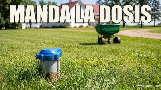 La boca tapada de un pozo privado en un césped segado a poca distancia de una casa, con una bolsa de fertilizante granular y un esparcidor centrífugo sobre la hierba al lado, con las palabras “MANDA LA DOSIS” dispuestas en la parte superior del encuadre