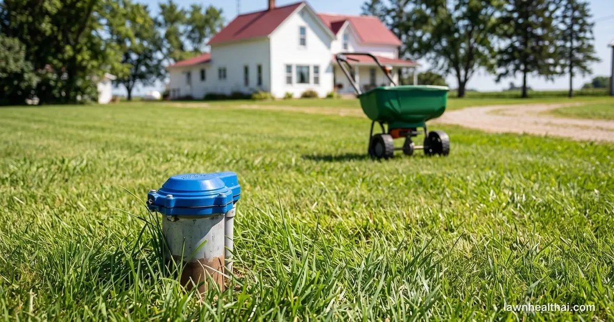A capped private well head standing in a mown lawn a short distance from a house, with a bag of granular fertilizer and a broadcast spreader on the grass nearby