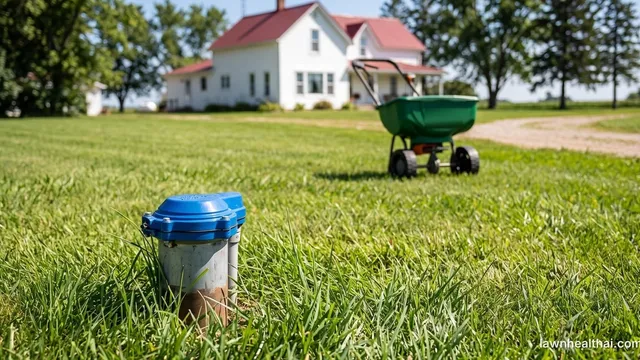 A capped private well head standing in a mown lawn a short distance from a house, with a bag of granular fertilizer and a broadcast spreader on the grass nearby