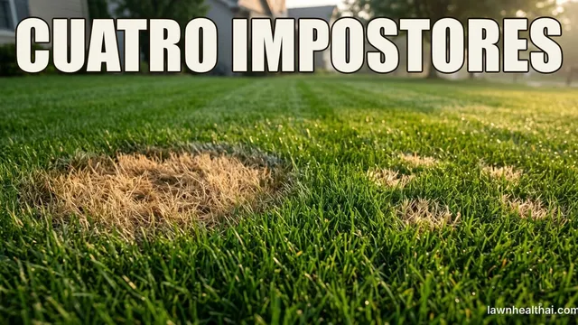 Tres firmas de enfermedad del césped una al lado de la otra: un anillo que se expande, manchas dispersas del tamaño de una moneda de plata y un parche grande apelmazado, con las palabras “CUATRO IMPOSTORES” dispuestas en la parte superior del encuadre