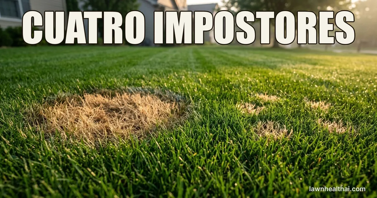 Tres firmas de enfermedad del césped una al lado de la otra: un anillo que se expande, manchas dispersas del tamaño de una moneda de plata y un parche grande apelmazado, con las palabras “CUATRO IMPOSTORES” dispuestas en la parte superior del encuadre