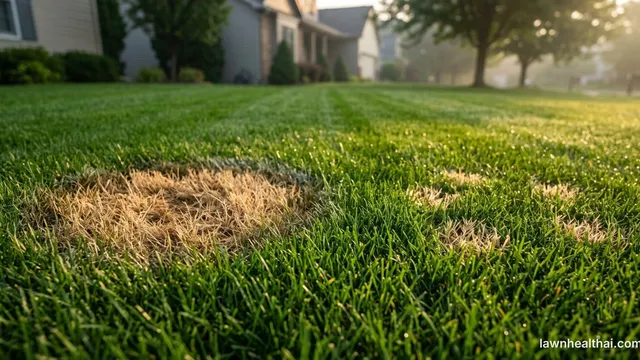Three lawn disease signatures side by side: an expanding ring, scattered silver-dollar spots and a large matted patch