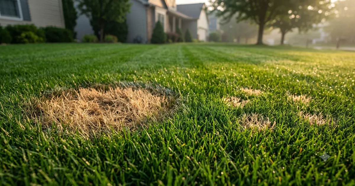 Three lawn disease signatures side by side: an expanding ring, scattered silver-dollar spots and a large matted patch