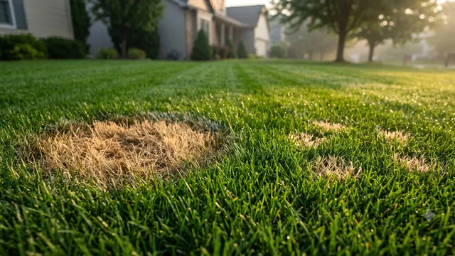Three lawn disease signatures side by side: an expanding ring, scattered silver-dollar spots and a large matted patch