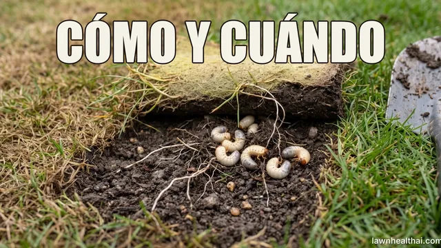 Una tira de césped levantada como una alfombra en el borde de una mancha pardeada, dejando ver cinco larvas blancas en forma de C con cabeza marrón entre raíces cortadas, con el filo de una pala en el borde de la imagen, con las palabras “CÓMO Y CUÁNDO” dispuestas en la parte superior del encuadre