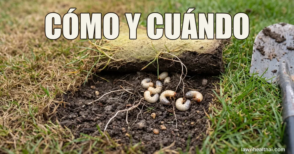 Una tira de césped levantada como una alfombra en el borde de una mancha pardeada, dejando ver cinco larvas blancas en forma de C con cabeza marrón entre raíces cortadas, con el filo de una pala en el borde de la imagen, con las palabras “CÓMO Y CUÁNDO” dispuestas en la parte superior del encuadre