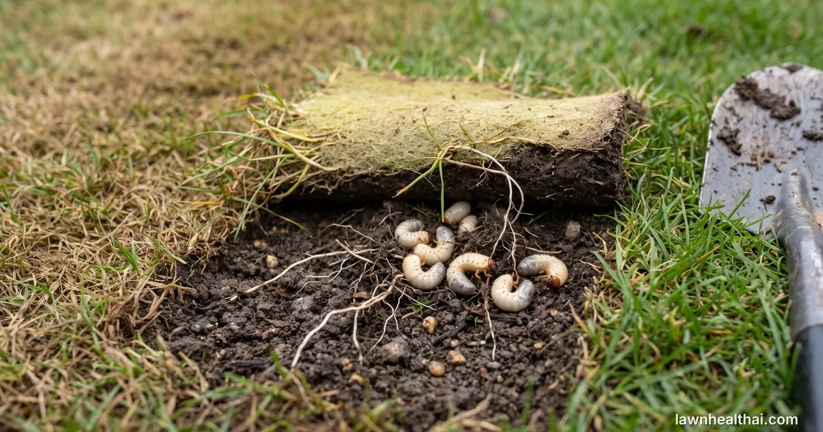 A strip of turf rolled back like a piece of carpet at the edge of a browning patch of lawn, exposing five pale C-shaped white grubs with brown heads lying in the soil among severed roots, a spade blade at the edge of frame — Delaware