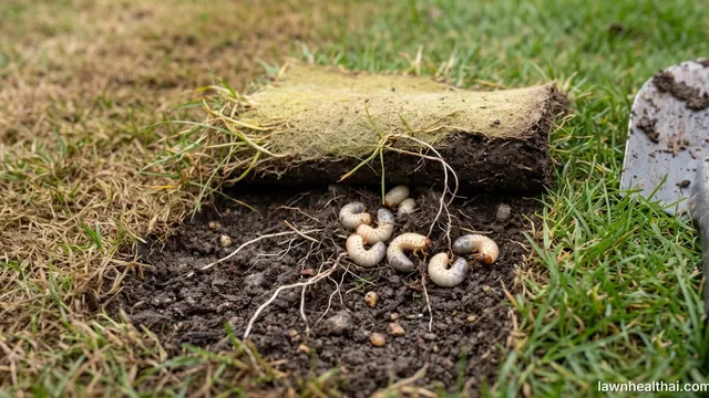 A strip of turf rolled back like a piece of carpet at the edge of a browning patch of lawn, exposing five pale C-shaped white grubs with brown heads lying in the soil among severed roots, a spade blade at the edge of frame