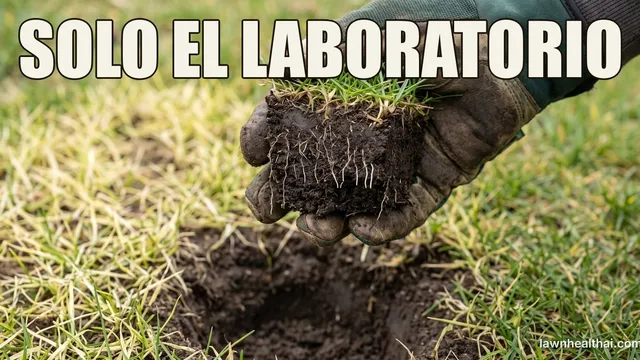 Una mano enguantada sosteniendo un tapón de césped recién levantado, con el perfil del suelo hacia la cámara para que se vean las raíces pálidas y escasas terminando de golpe a media altura en lugar de recorrer el tapón, y debajo el agujero abierto y el césped pálido y ralo, con las palabras “SOLO EL LABORATORIO” dispuestas en la parte superior del encuadre