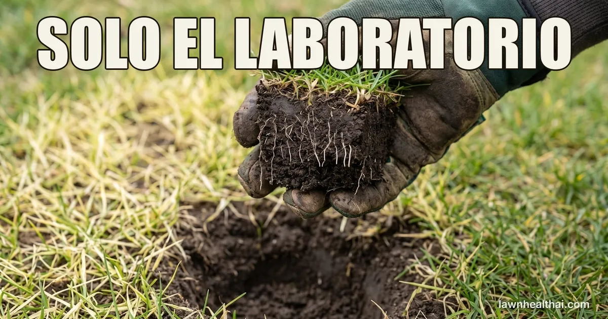 Una mano enguantada sosteniendo un tapón de césped recién levantado, con el perfil del suelo hacia la cámara para que se vean las raíces pálidas y escasas terminando de golpe a media altura en lugar de recorrer el tapón, y debajo el agujero abierto y el césped pálido y ralo, con las palabras “SOLO EL LABORATORIO” dispuestas en la parte superior del encuadre