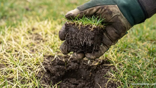 A gloved hand holding up a freshly lifted plug of lawn turf, its soil profile facing the camera so the sparse pale roots are visible ending abruptly partway down instead of running through the plug, with the open hole and pale thinning grass below