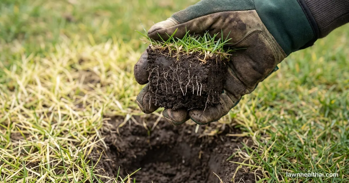 A gloved hand holding up a freshly lifted plug of lawn turf, its soil profile facing the camera so the sparse pale roots are visible ending abruptly partway down instead of running through the plug, with the open hole and pale thinning grass below