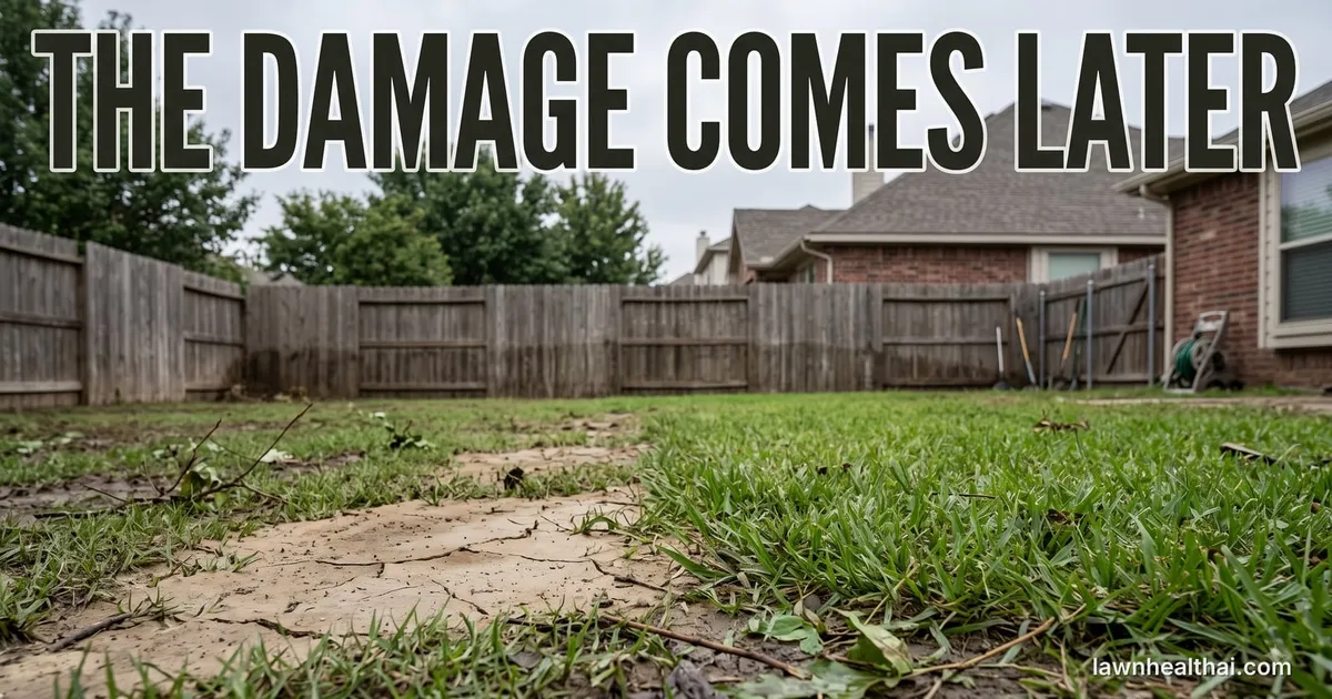 A fenced back garden after floodwater has drained, a wide sheet of dried and cracked silt covering the left half of the lawn while green grass survives on the right, with the words “The Damage Comes Later” set across the top — Delaware