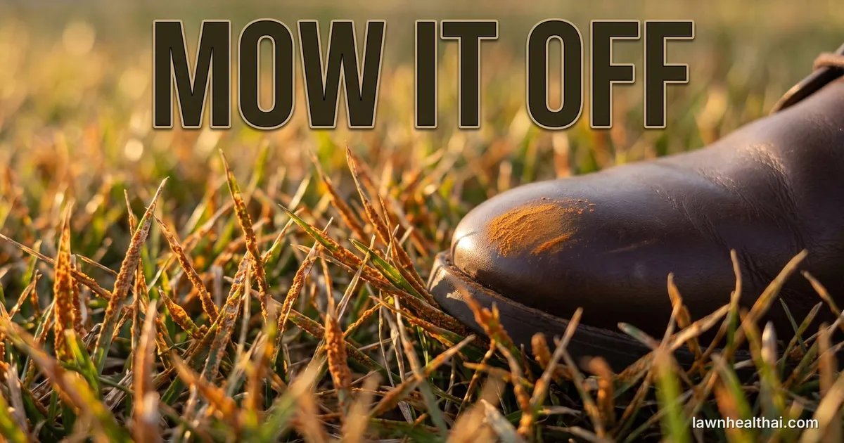 A close view of grass blades covered in reddish-orange rust pustules with a shoe toe pressed against them showing orange powder transferred onto the leather, in low late-summer light, with the words “Mow It Off” set across the top of the frame — Oregon