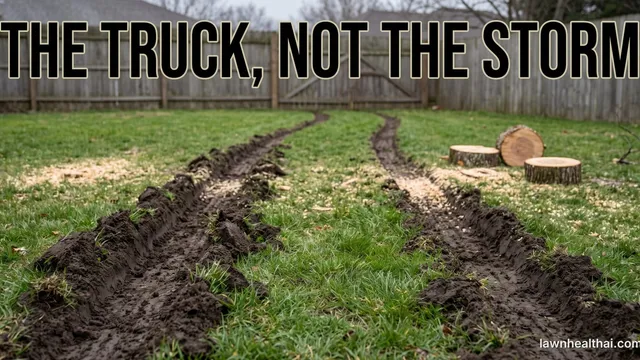 Two deep muddy tyre ruts gouged across a green lawn by a heavy vehicle, cut log rounds and scattered wood chips near the fence behind, with the words “The Truck, Not the Storm” set across the top