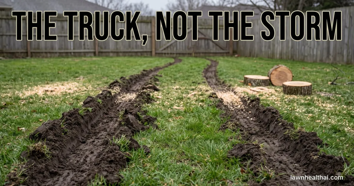 Two deep muddy tyre ruts gouged across a green lawn by a heavy vehicle, cut log rounds and scattered wood chips near the fence behind, with the words “The Truck, Not the Storm” set across the top — Delaware
