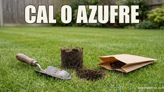 Toma de una muestra de suelo en un césped: una pala de mano, un tapón de tierra de pie junto al hoyo abierto del que salió, y una bolsa de papel marrón abierta con algo de la tierra dentro, con las palabras “CAL O AZUFRE” dispuestas en la parte superior del encuadre