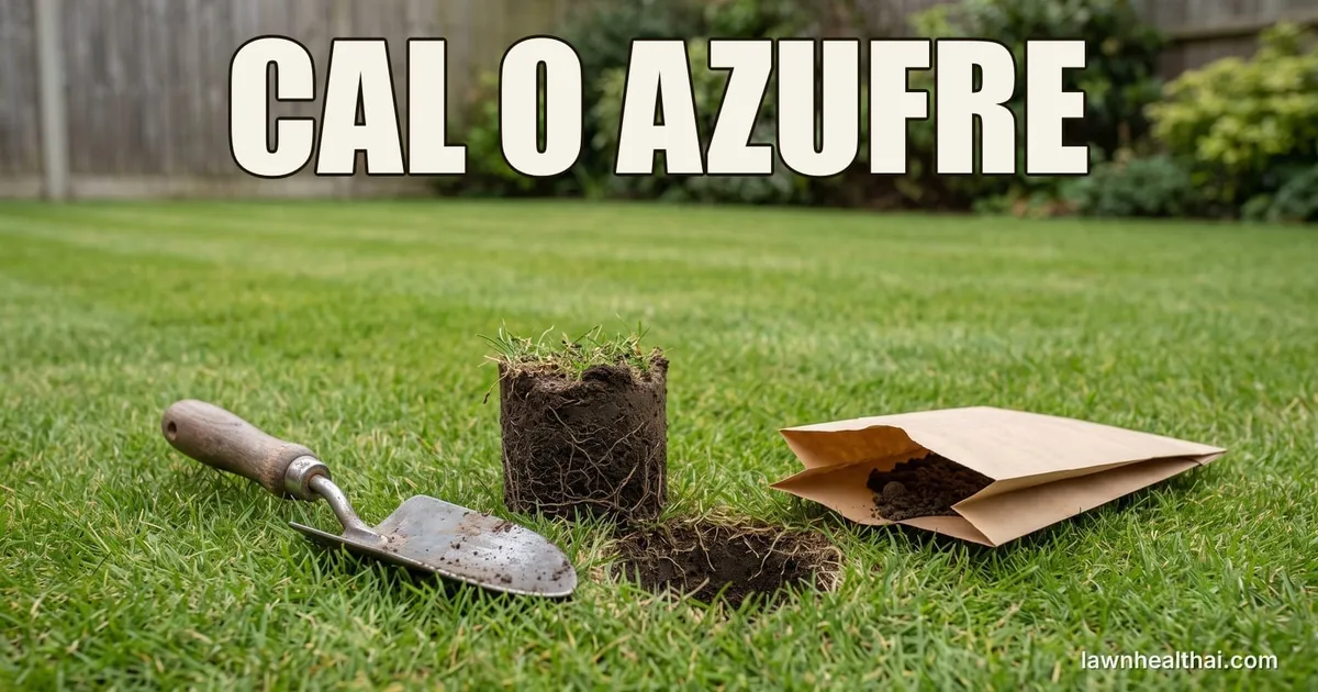 Toma de una muestra de suelo en un césped: una pala de mano, un tapón de tierra de pie junto al hoyo abierto del que salió, y una bolsa de papel marrón abierta con algo de la tierra dentro, con las palabras “CAL O AZUFRE” dispuestas en la parte superior del encuadre