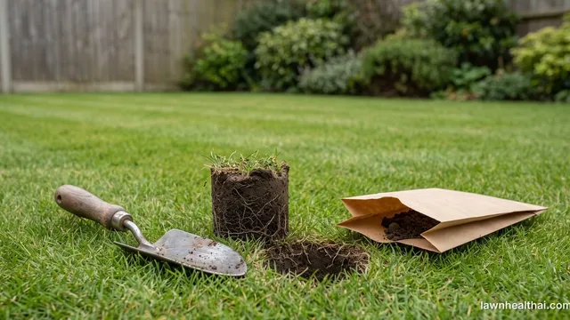 A soil sample being taken from a lawn: a hand trowel, a plug of soil standing upright beside the open hole it came from, and an open brown paper bag holding some of the soil