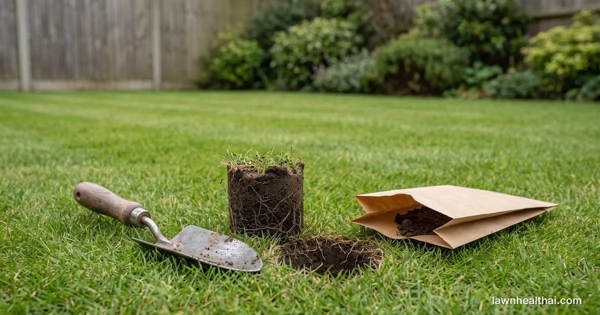 A soil sample being taken from a lawn: a hand trowel, a plug of soil standing upright beside the open hole it came from, and an open brown paper bag holding some of the soil — Maryland