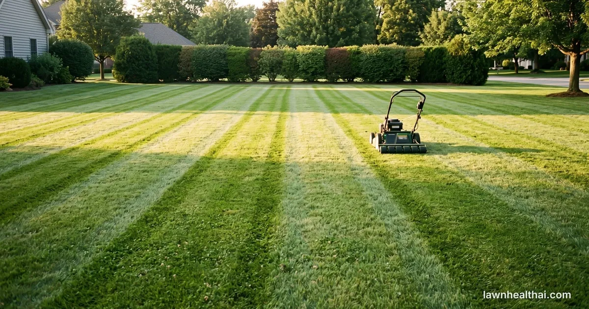 A mown suburban lawn showing alternating light and dark stripes running away from the camera in low evening light, with a walk-behind mower standing mid-lawn