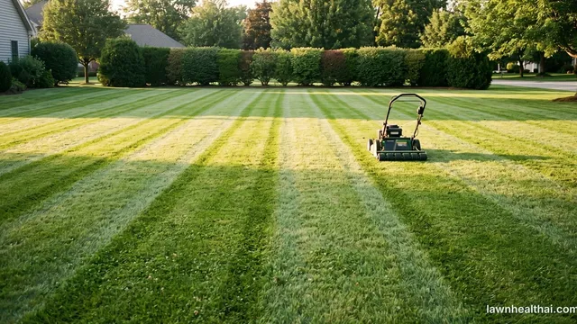 A mown suburban lawn showing alternating light and dark stripes running away from the camera in low evening light, with a walk-behind mower standing mid-lawn