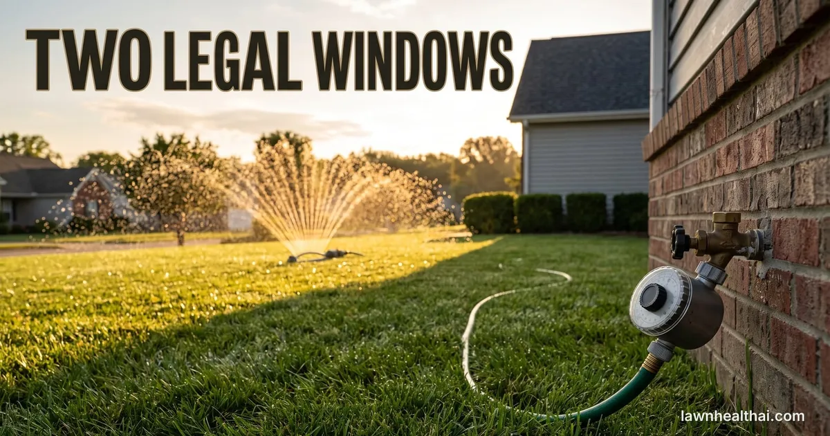 An oscillating sprinkler running on a suburban front lawn in low early-morning light with the shadow line of the house still across half the grass, a mechanical dial hose timer screwed onto the spigot in the foreground, and the words “TWO LEGAL WINDOWS” set across the top of the frame