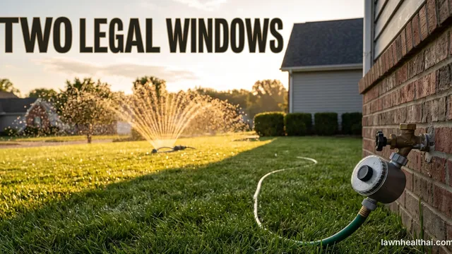 An oscillating sprinkler running on a suburban front lawn in low early-morning light with the shadow line of the house still across half the grass, a mechanical dial hose timer screwed onto the spigot in the foreground, and the words “TWO LEGAL WINDOWS” set across the top of the frame