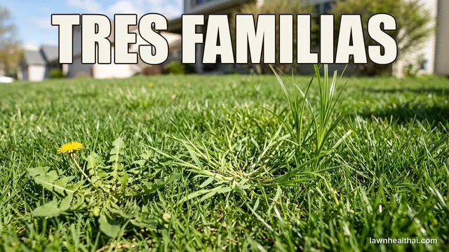 Tres familias de malezas del césped una al lado de la otra: un diente de león de hoja ancha, una maleza gramínea abriéndose en abanico y una juncia erguida, con las palabras “TRES FAMILIAS” dispuestas en la parte superior del encuadre