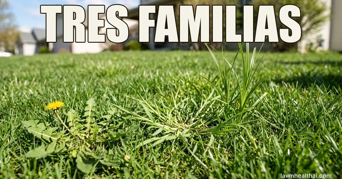 Tres familias de malezas del césped una al lado de la otra: un diente de león de hoja ancha, una maleza gramínea abriéndose en abanico y una juncia erguida, con las palabras “TRES FAMILIAS” dispuestas en la parte superior del encuadre