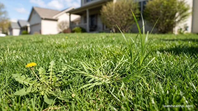Three lawn weed families side by side: a broadleaf dandelion, a fanning grassy weed and an upright sedge
