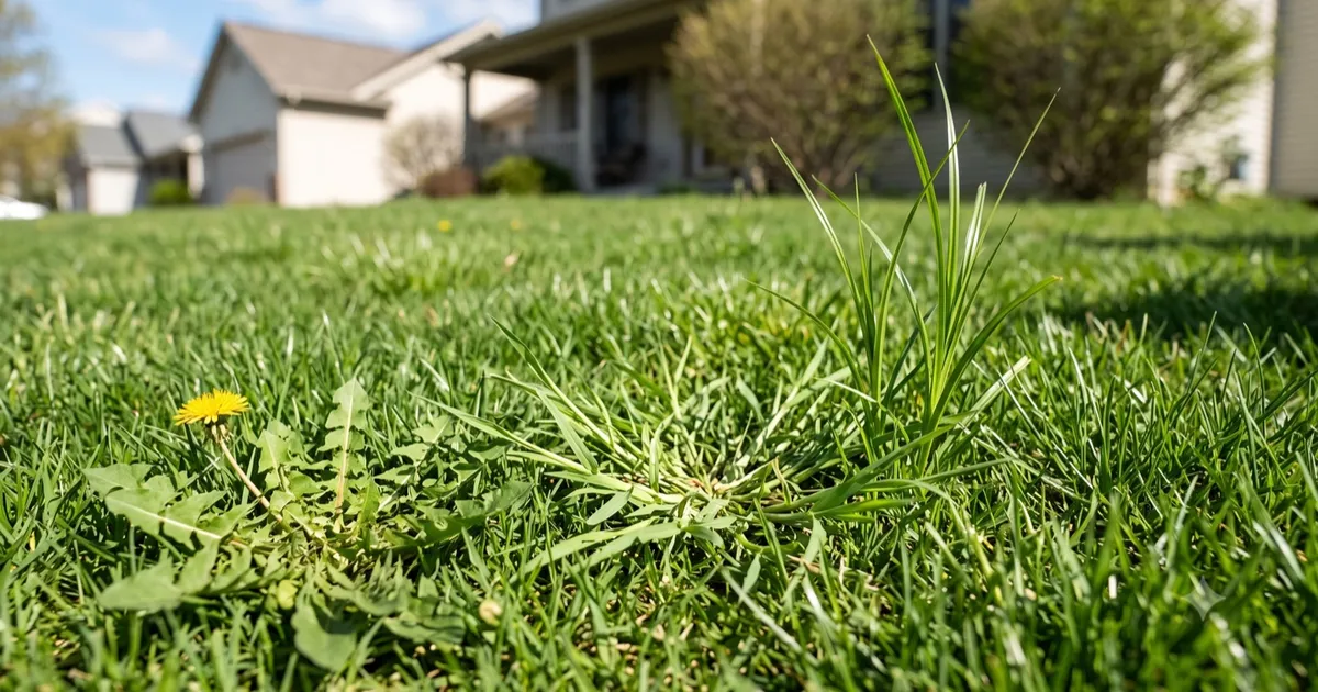 Three lawn weed families side by side: a broadleaf dandelion, a fanning grassy weed and an upright sedge