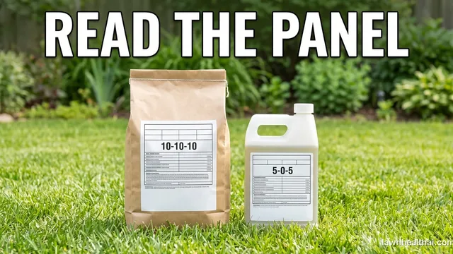 A granular fertilizer bag turned to show its guaranteed-analysis panel standing beside a hose-end liquid concentrate bottle turned to show its own panel, both on cut grass, with the words “Read the Panel” set across the top of the frame