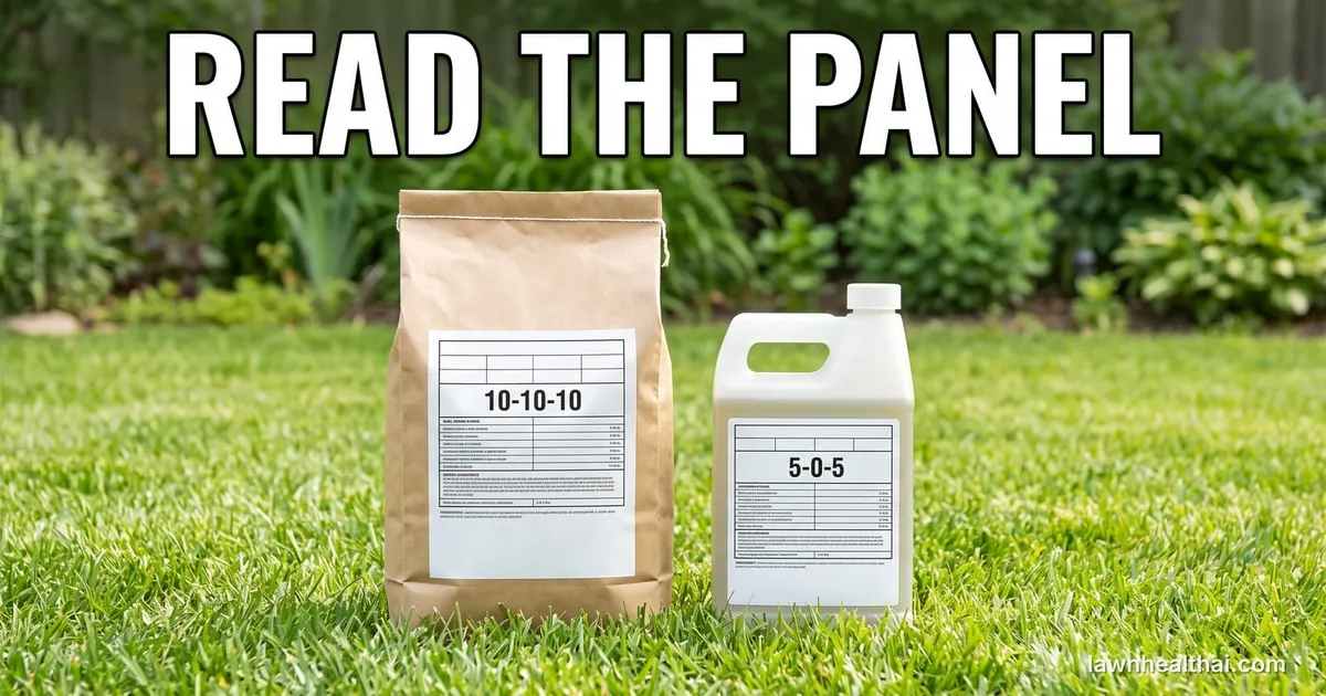 A granular fertilizer bag turned to show its guaranteed-analysis panel standing beside a hose-end liquid concentrate bottle turned to show its own panel, both on cut grass, with the words “Read the Panel” set across the top of the frame