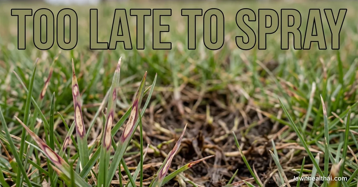 A close view of Kentucky bluegrass blades marked with football-shaped lesions — tan centres inside dark purplish-red borders — above a thinning patch of turf where the crowns have rotted brown, in overcast spring light, with the words “Too Late To Spray” set across the top of the frame
