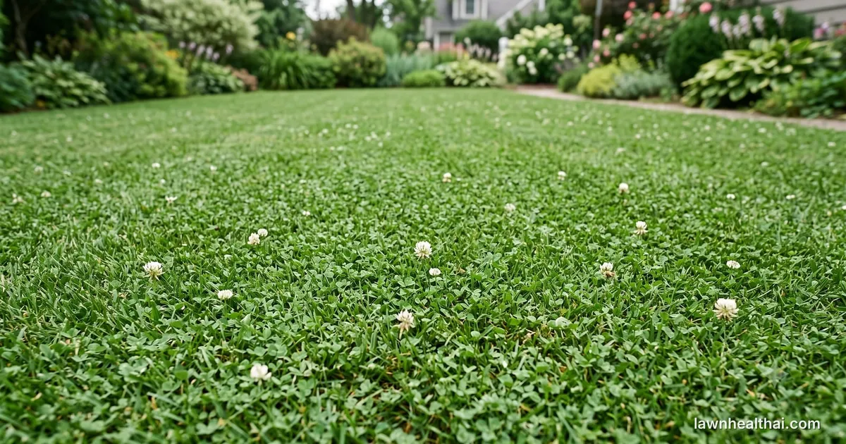 A mown lawn where small-leaved clover is evenly mixed through the grass rather than growing in clumps, with a few white flower heads at mowing height
