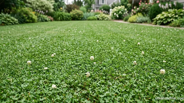 A mown lawn where small-leaved clover is evenly mixed through the grass rather than growing in clumps, with a few white flower heads at mowing height