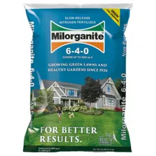 Milorganite Slow-Release Nitrogen Fertilizer (6-4-0) — organic lawn fertilizer product photograph on a plain background