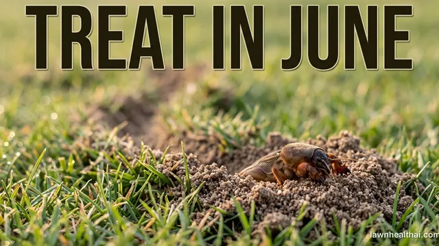 A close view of turf at soil level where a raised winding ridge pushes the grass up in a low tunnel, with a mound of loose granular soil at one end and a mole cricket half out of the burrow — its armoured brown body and clawed shovel-like front legs clearly visible — and the words “Treat in June” set across the top of the frame