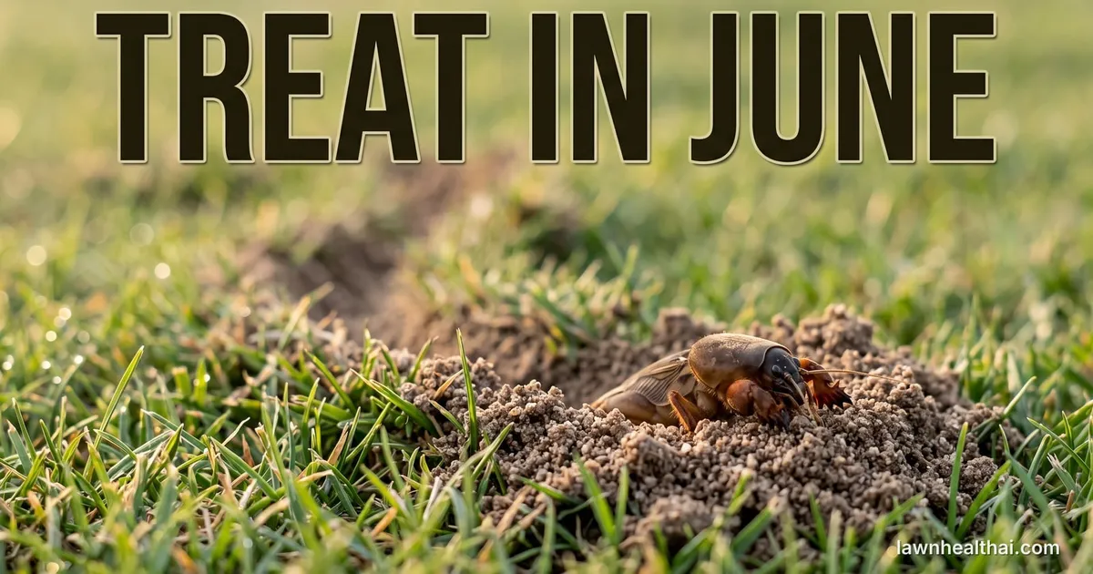 A close view of turf at soil level where a raised winding ridge pushes the grass up in a low tunnel, with a mound of loose granular soil at one end and a mole cricket half out of the burrow — its armoured brown body and clawed shovel-like front legs clearly visible — and the words “Treat in June” set across the top of the frame — Delaware