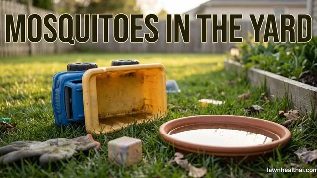 A terracotta plant saucer holding standing water beside an upturned yellow toy bin and a child’s ride-on toy in a back garden — the everyday containers mosquitoes breed in — with the words “Mosquitoes in the Yard” set across the top
