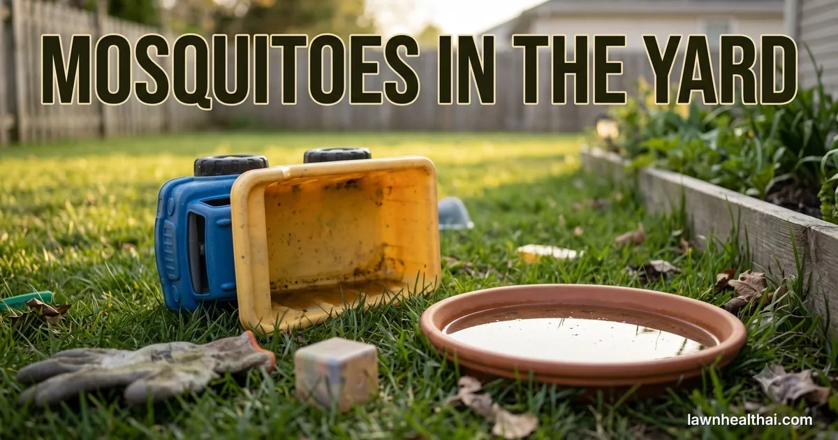 A terracotta plant saucer holding standing water beside an upturned yellow toy bin and a child’s ride-on toy in a back garden — the everyday containers mosquitoes breed in — with the words “Mosquitoes in the Yard” set across the top