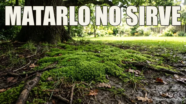 Un rodal denso de musgo verde brillante cubriendo suelo desnudo y húmedo en sombra profunda bajo un árbol maduro, con raíces expuestas y hojas caídas entre él y solo unas pocas hojas de hierba débiles sobreviviendo en los bordes, con césped soleado y abierto visible más allá del dosel, con las palabras “MATARLO NO SIRVE” dispuestas en la parte superior del encuadre