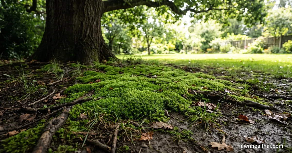 A dense patch of bright green moss covering damp bare soil in deep shade beneath a mature tree, exposed roots and fallen leaves through it and only a few thin weak grass blades surviving at its edges, with sunlit open lawn visible beyond the canopy