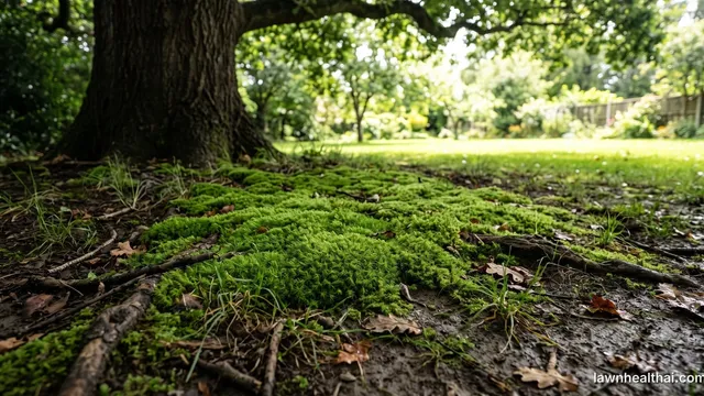 A dense patch of bright green moss covering damp bare soil in deep shade beneath a mature tree, exposed roots and fallen leaves through it and only a few thin weak grass blades surviving at its edges, with sunlit open lawn visible beyond the canopy