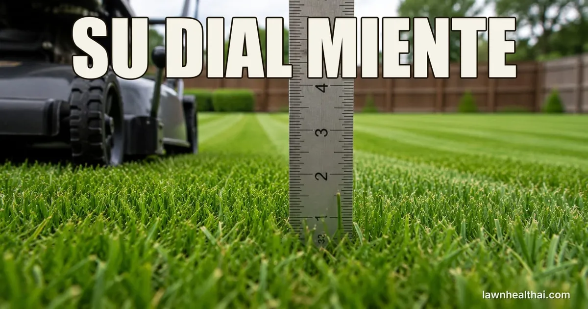 Una regla de acero hundida hasta el suelo en un césped con franjas, con sus marcas mostrando la hierba a unas dos pulgadas, y una segadora con su palanca de ajuste de altura detrás, con las palabras “SU DIAL MIENTE” dispuestas en la parte superior del encuadre